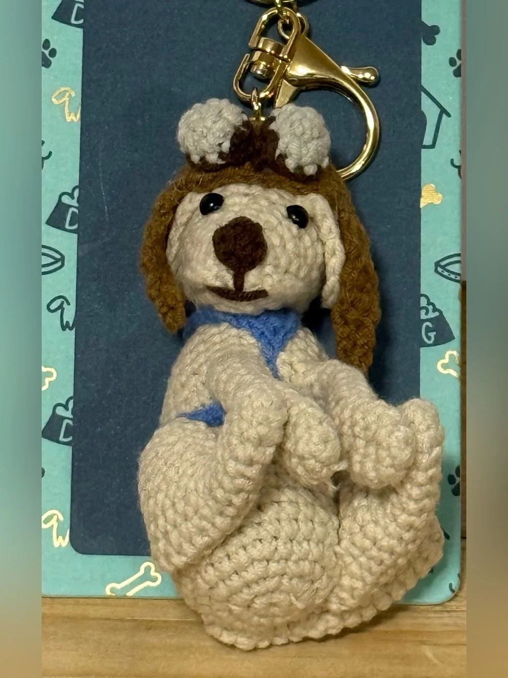 Piper K Cream & Brown Labrador Puppy W/Aviator Hat Keychain Bag Charm Gold Clip